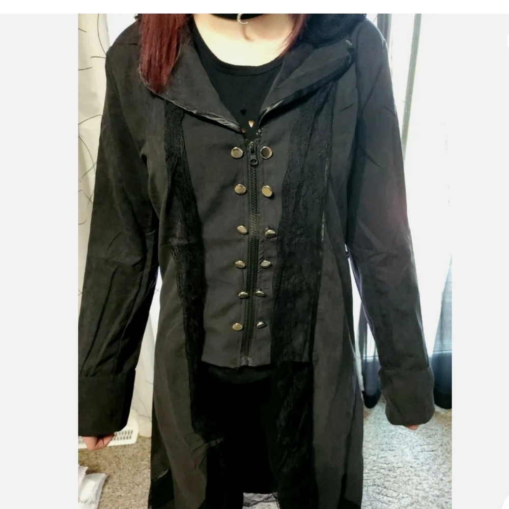 NEW Steampunk, Goth, Pirate, Vampire Black Trenchcoat with Lace Collar - Picture 2 of 5